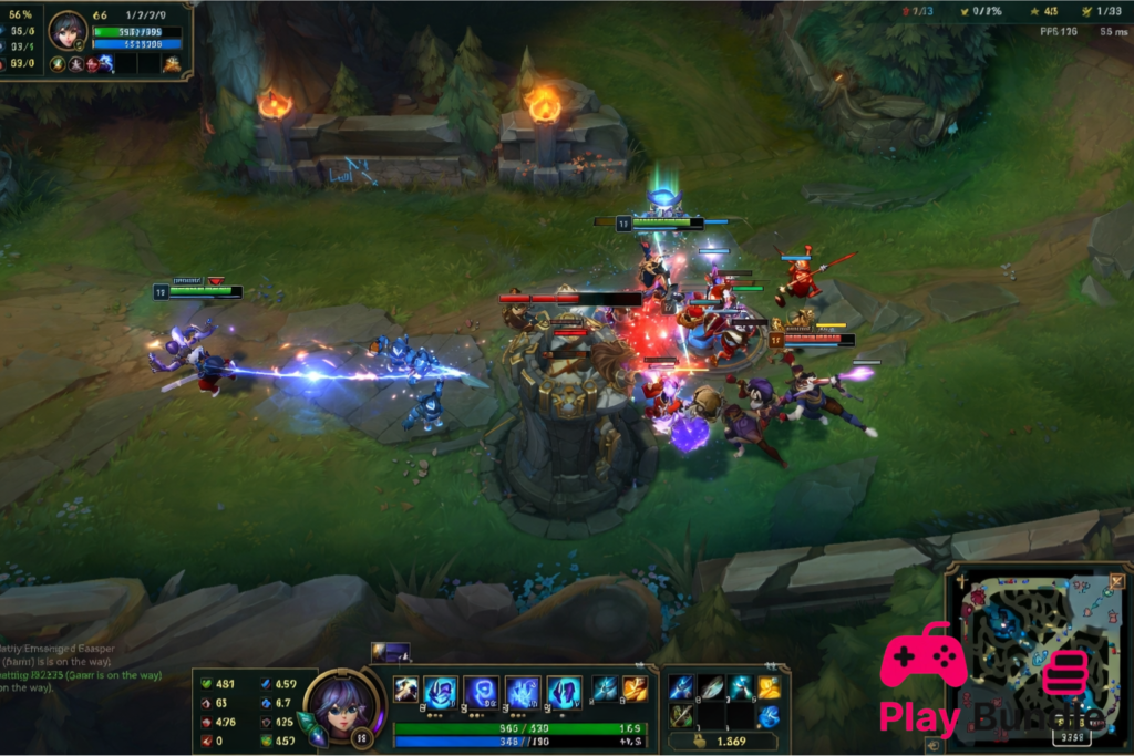 League of Legends gameplay screenshot team fight near mid lane turret with champions and HUD interface