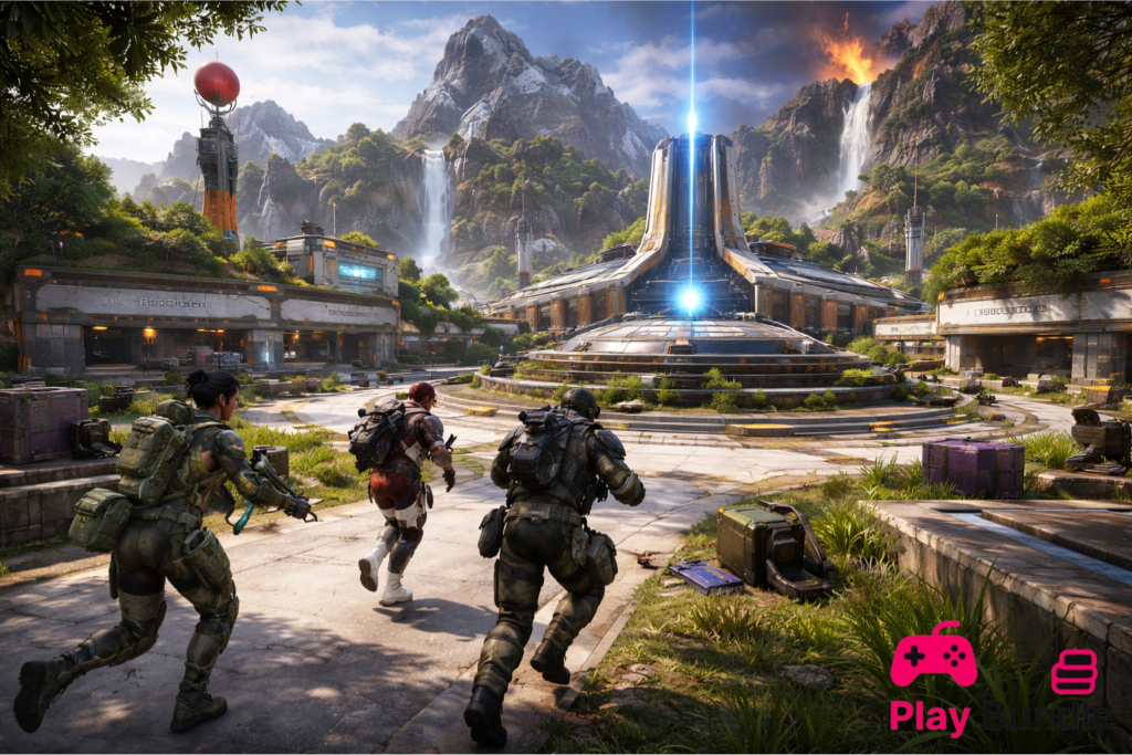Apex Legends characters sprinting through the 'Hydroponics' hub, featuring sleek futuristic structures, radiant blue energy cores.