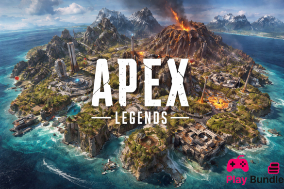 Apex Legends island map, showcasing snow-covered peaks, tropical jungles, a fiery volcano