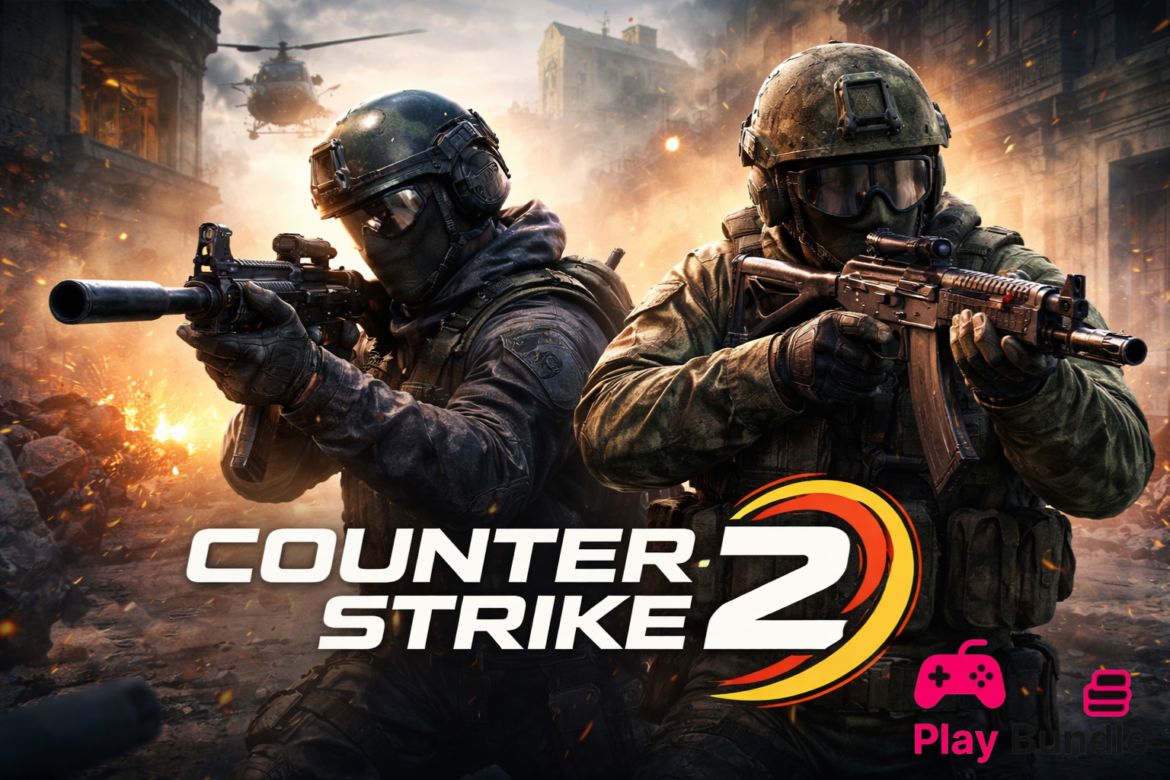 Counter-Strike 2 are shown in an intense urban combat scene, with explosions and smoke in the background.