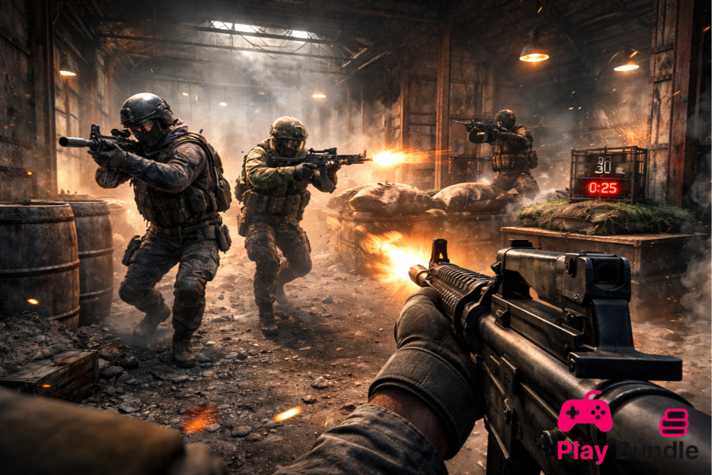 Counter-Strike 2 showing a soldier gripping an M4A1-S with a suppressor, firing amidst a chaotic shootout in a deserted warehouse.