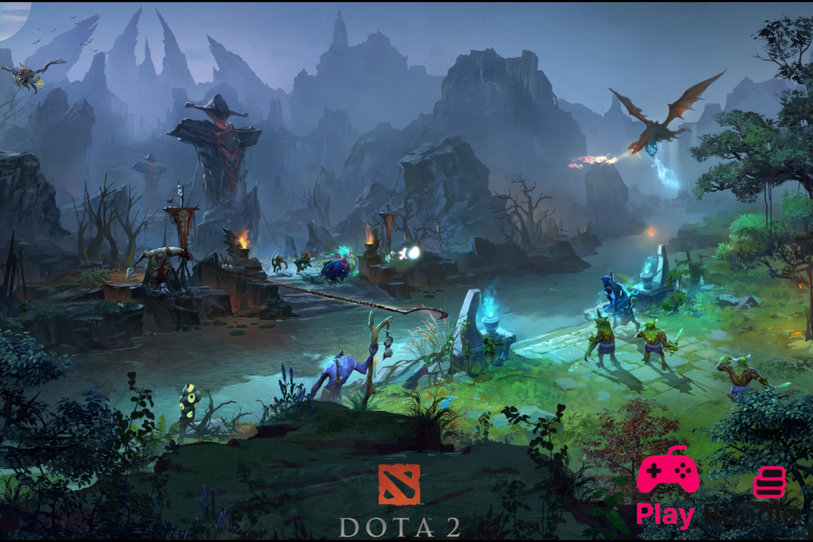 Dota 2 battlefield showing intense MOBA war between two teams with magical abilities