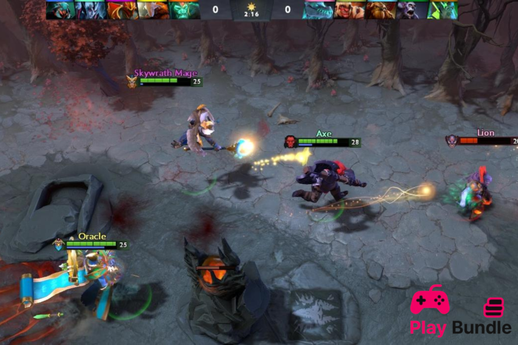 Dota 2 in-game top-down gameplay view showing hero combat, ability effects, health and mana bars, and MOBA user interface during an active battle match.