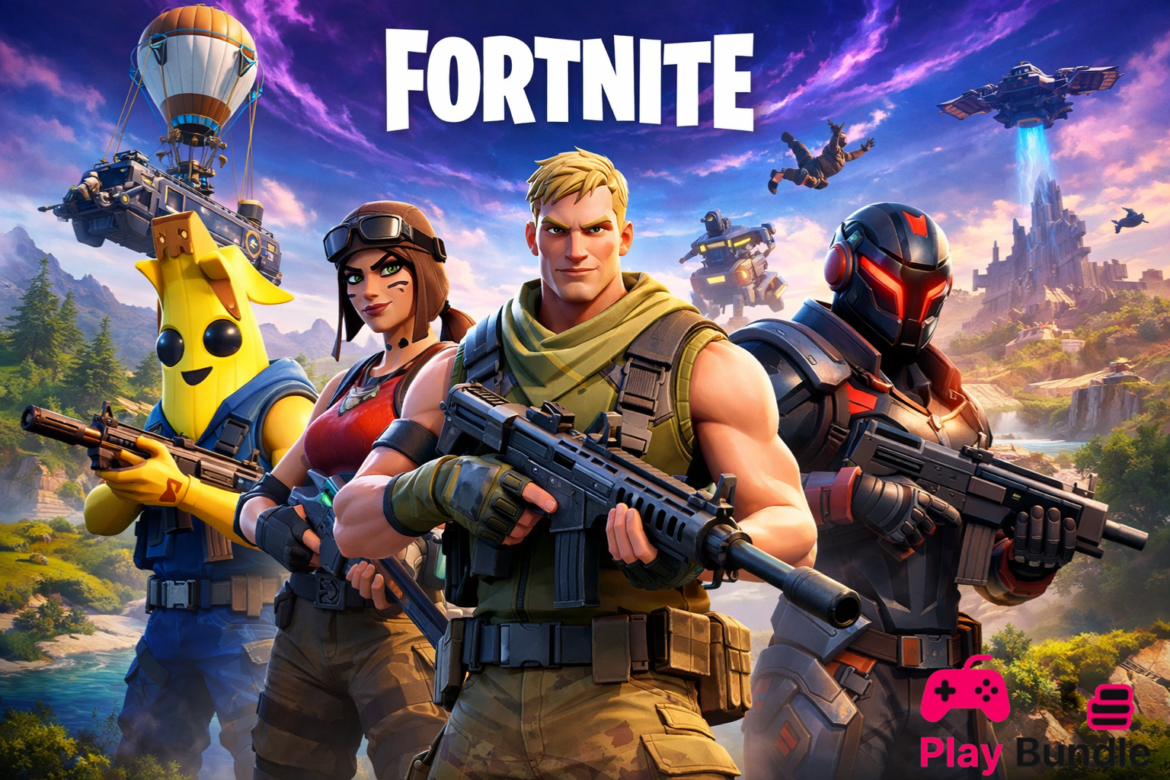 Fortnite Free Download featured image showing popular characters, Battle Bus, futuristic map, weapons, and action scene in landscape HD quality