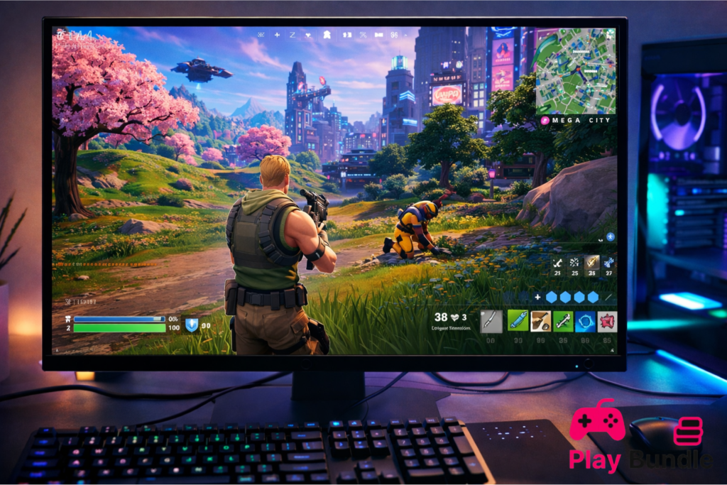 Fortnite Free Download gameplay screenshot on gaming PC showing player aiming in Mega City with colorful landscape and modern battle royale environment