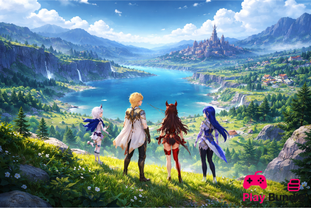 Play Bundle Genshin Impact HD landscape showing exploration, mountains, and fantasy city view Genshin Impact HD landscape showing exploration, mountains, and fantasy city view