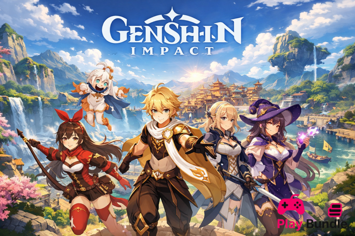 Genshin Impact open world gameplay landscape with characters overlooking a fantasy city and mountains in HD