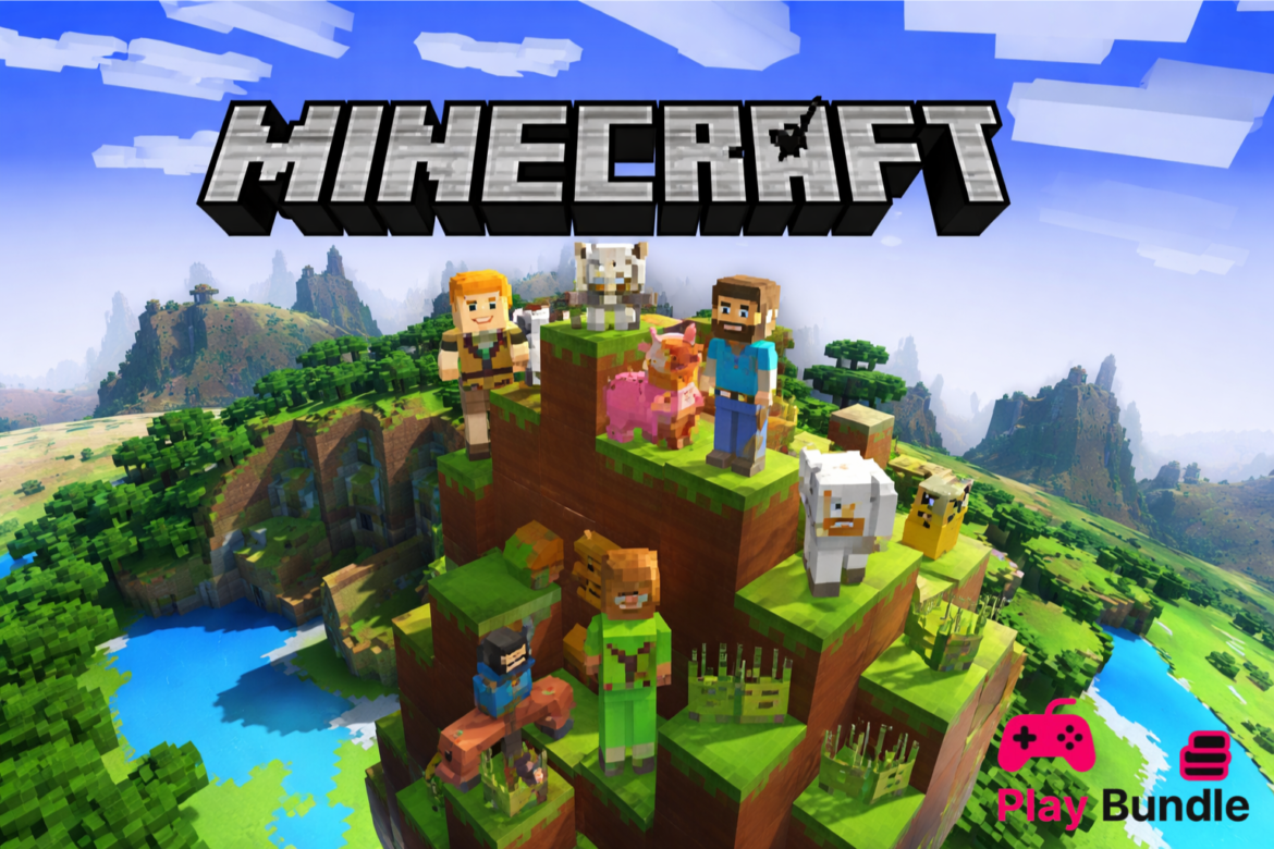 Minecraft Free Download for PC featured image showing Steve, Alex, animals, and a colorful open-world landscape