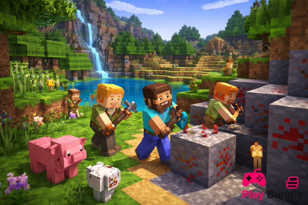 Play-Bundle Minecraft Free Download for PC gameplay image showing players mining resources near a lake and forest Minecraft Free Download for PC gameplay image showing players mining resources near a lake and forest