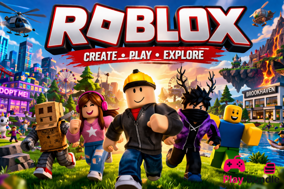 Roblox Download Free game featured image showing colorful avatars exploring different worlds with “Roblox” title banner in HD landscape