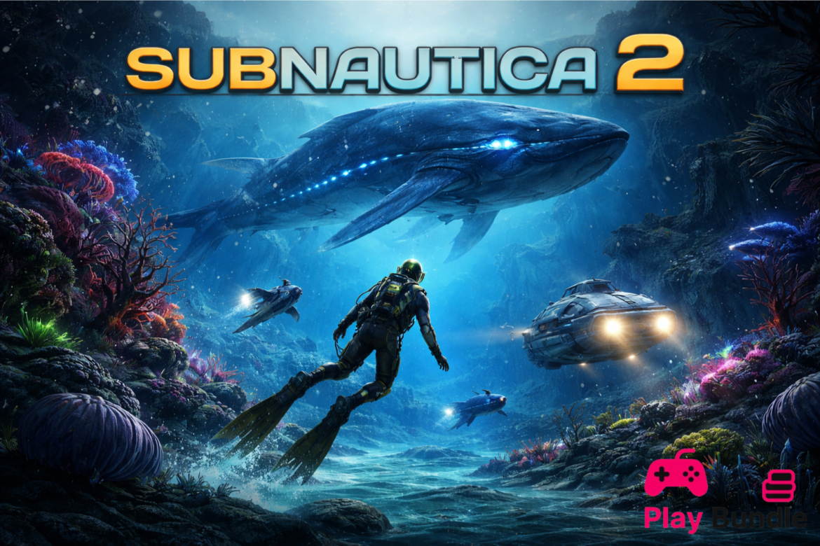 Subnautica 2 free download for PC underwater gameplay with diver, submarine and giant sea creature