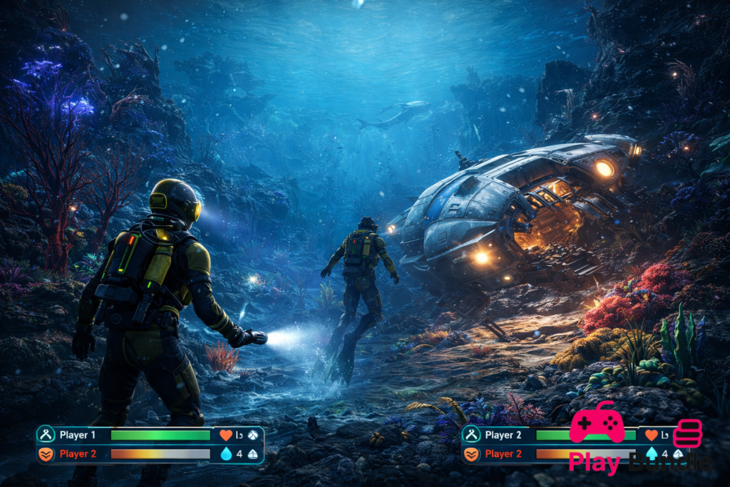 Subnautica 2 multiplayer gameplay showing two divers exploring a crashed submarine underwater