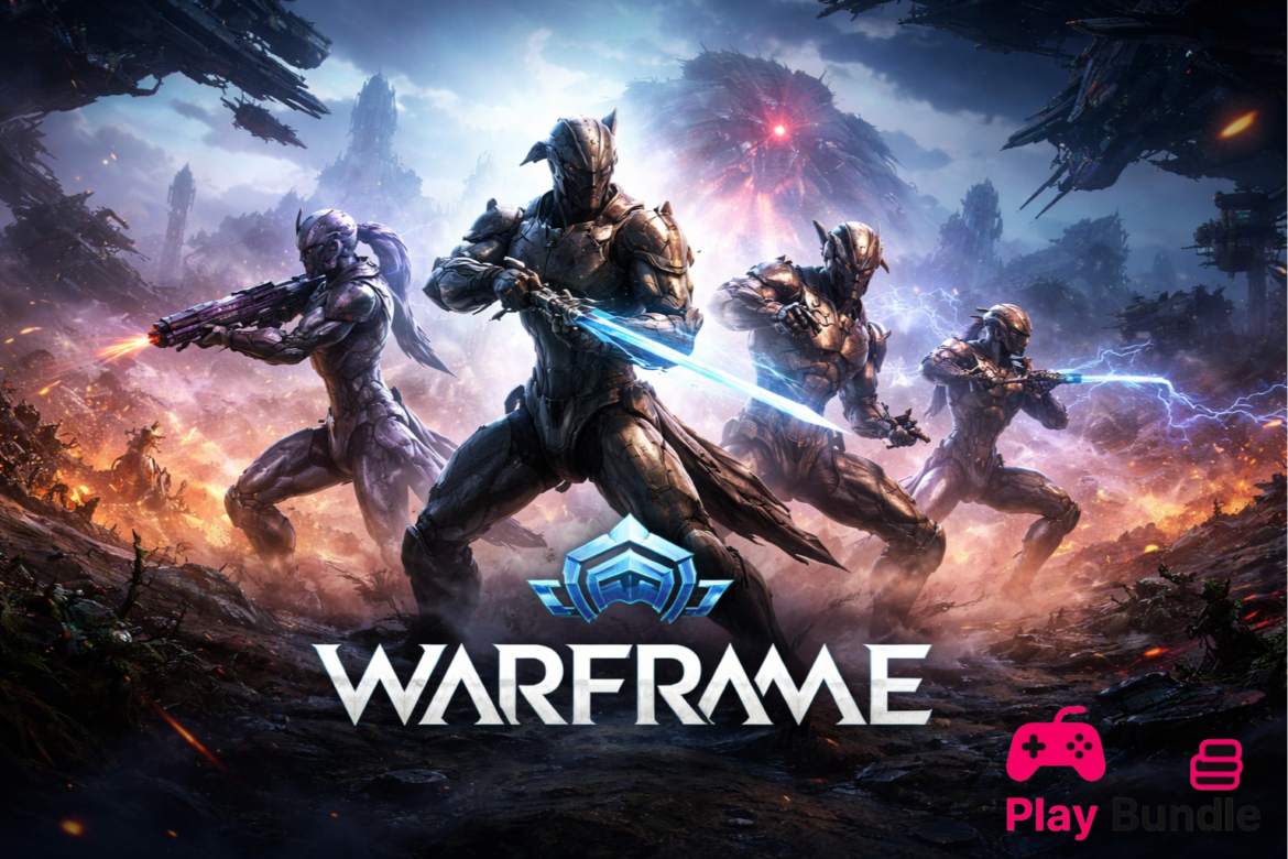 Warframe free download PC game featured cinematic banner showing futuristic Tenno warrior in sci-fi battlefield with glowing armor and epic lighting