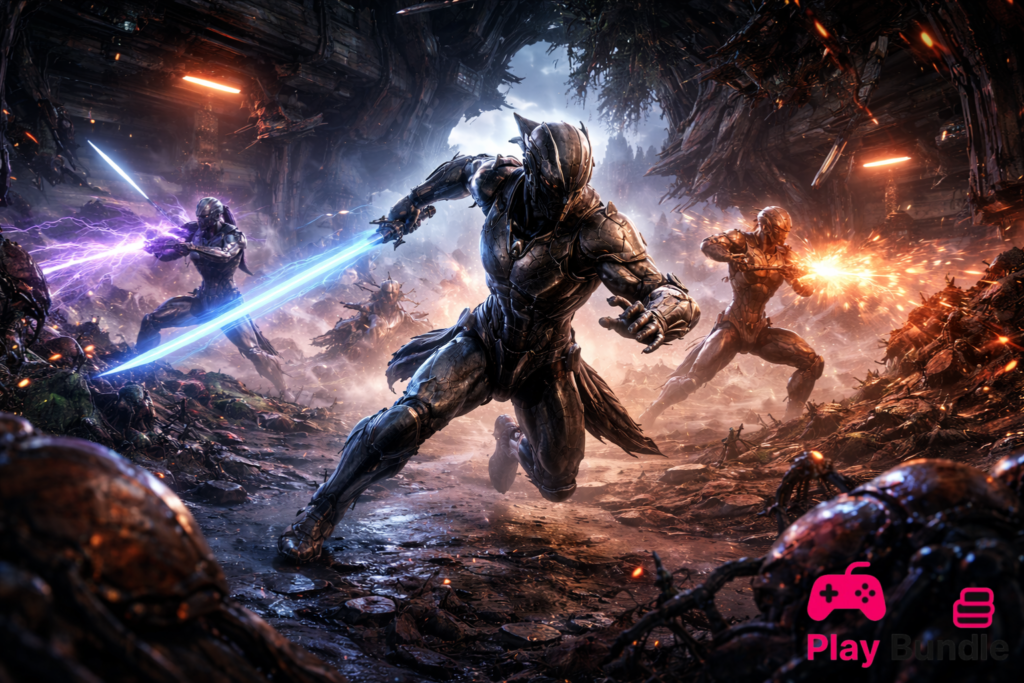 Warframe gameplay installation guide image showing futuristic sci-fi action scene with Tenno character inside high-tech spaceship corridor and neon effects